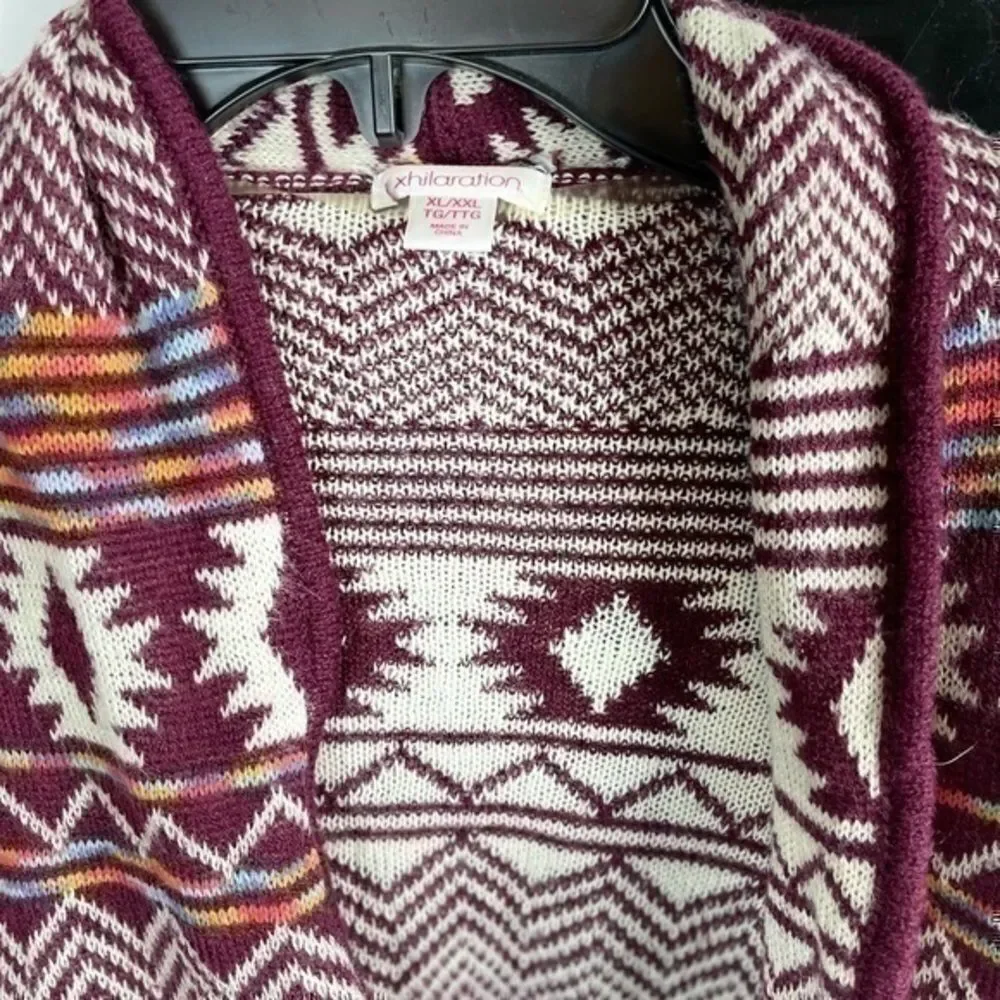 Maroon, White Aztec waterfall cardigan  Sweater Size XXL by xhilaration (Target)